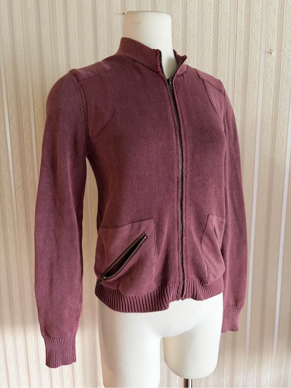 90s Vintage Women's Mauve Zip-Front Knit Jacket - Casual Bomber Style
